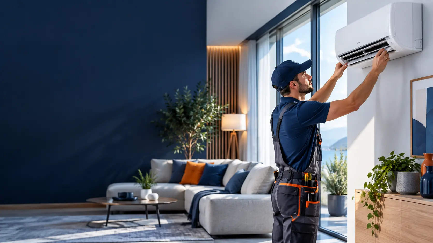 Artisan intervenant sur une climatisation moderne