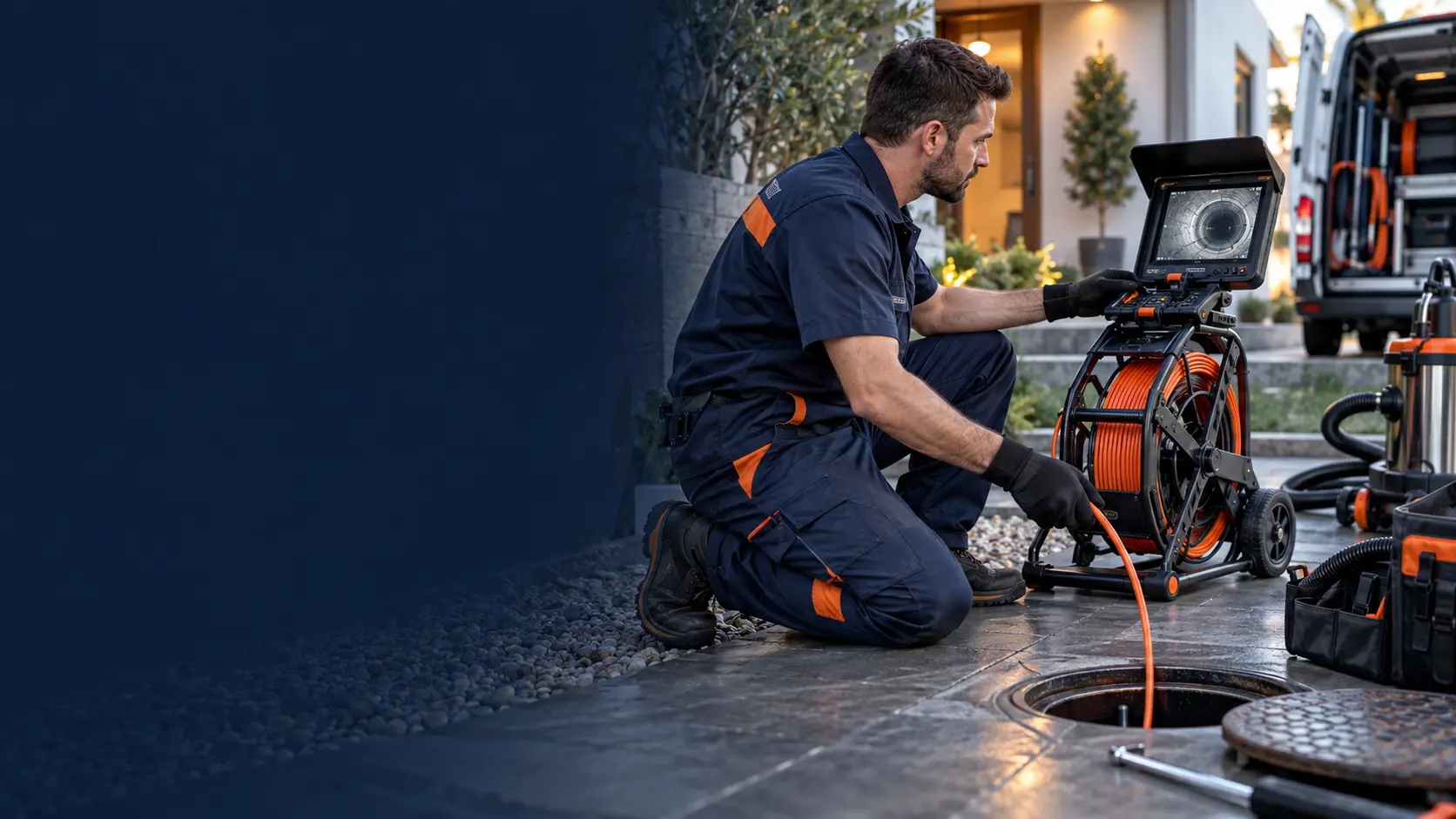 Artisan réalisant une inspection de canalisation avec une caméra