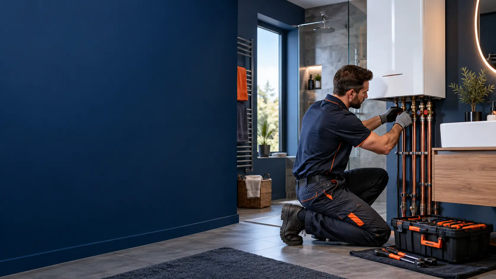 Artisan réalisant une installation de plomberie dans une salle de bain