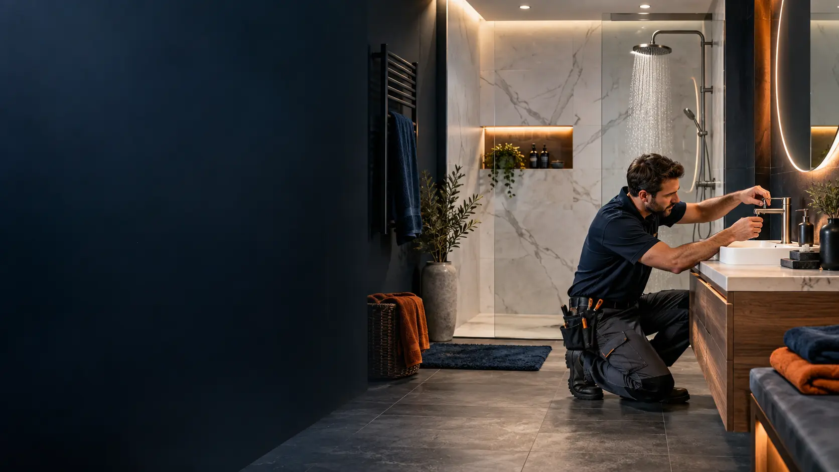 Artisan finalisant une salle de bain moderne